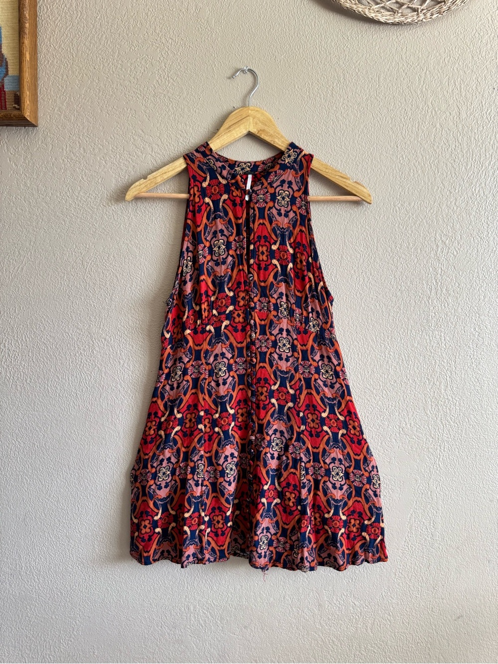 Free People Printed Button Down Tunic Mini Dress Red Orange